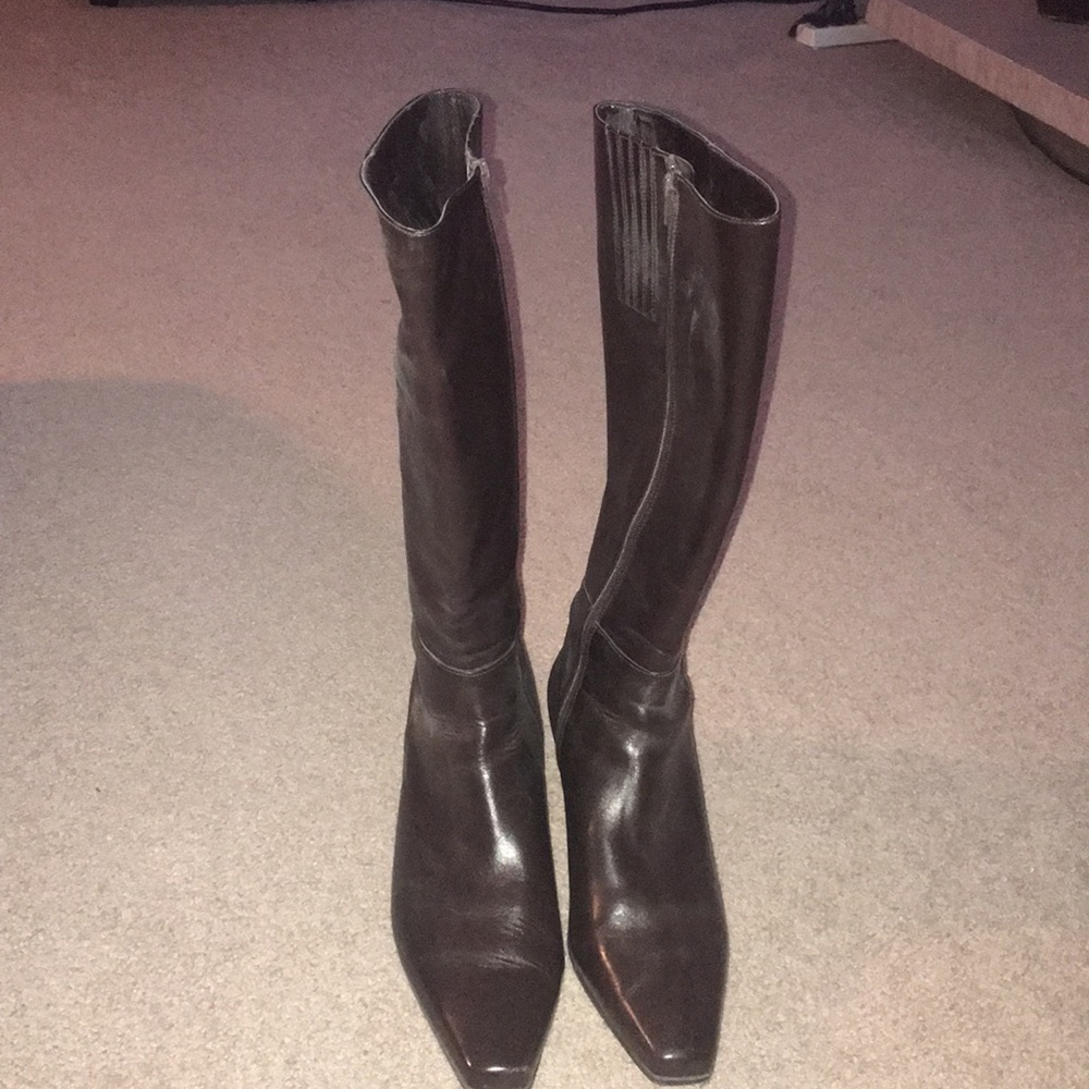 Brown knee high boot with calf gore